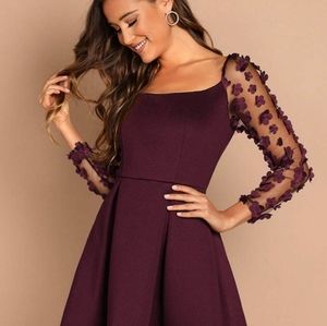 Shein Burgundy Sheer Flower Dress